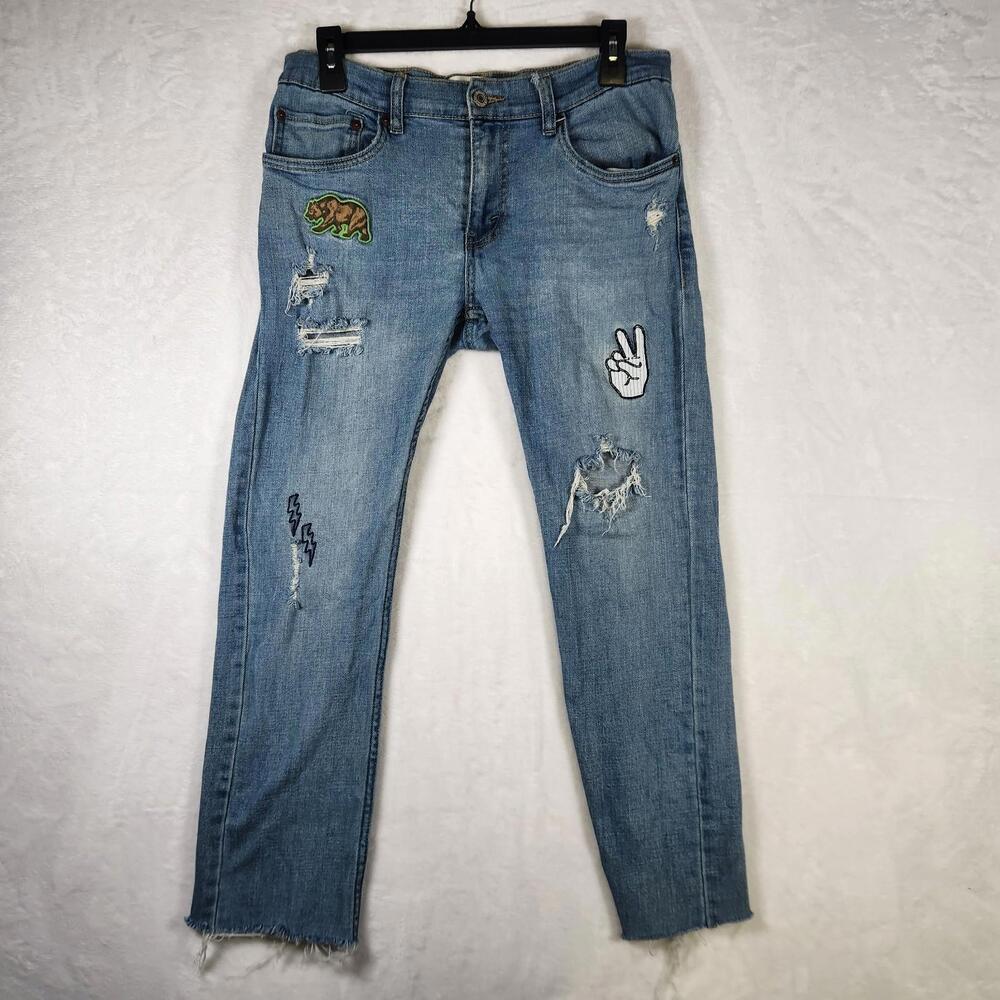 Levis‎ 511 Slim Jeans 28x28 Distressed Patchwork DIY Custom Raw Hem Grunge